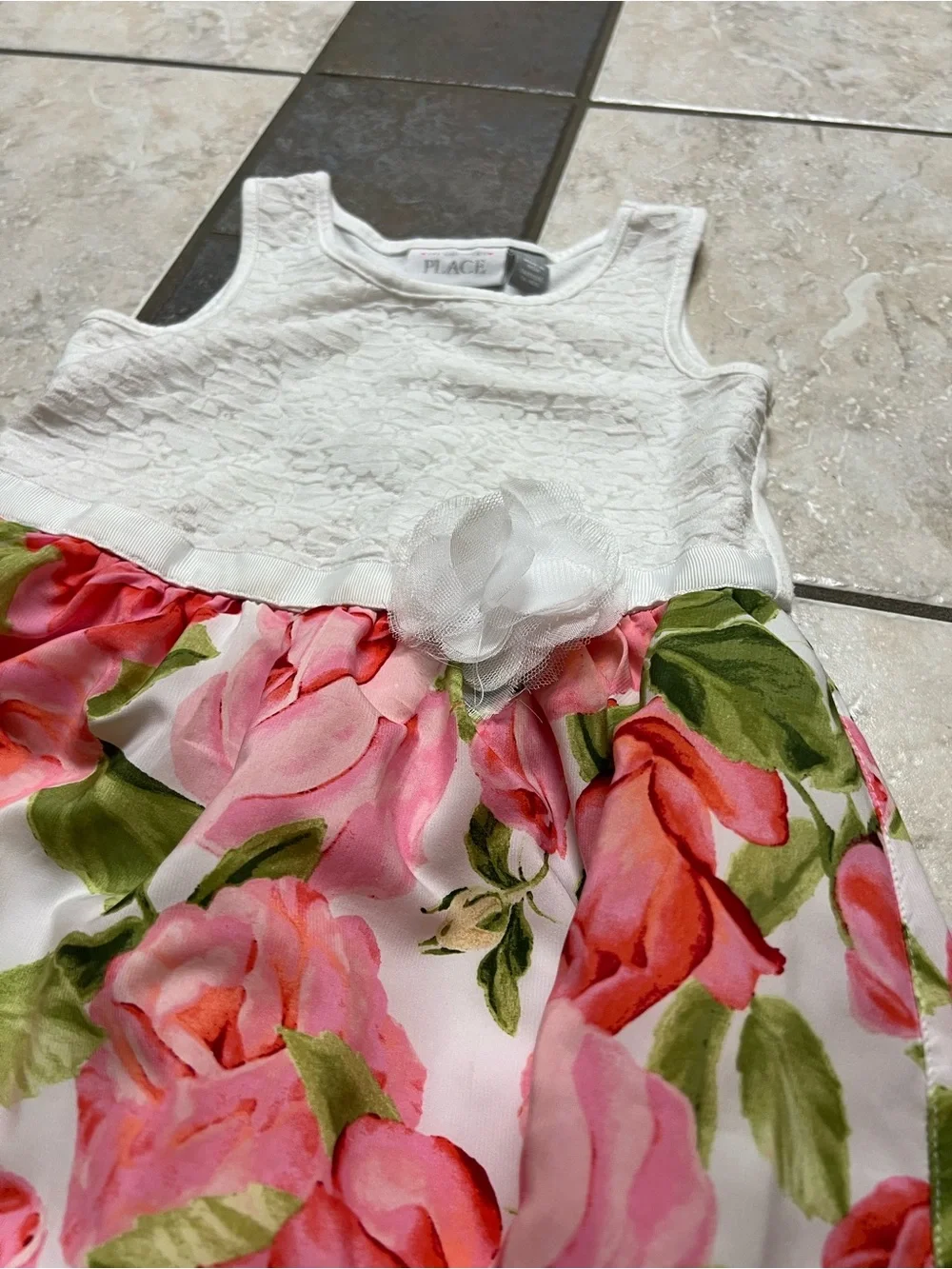 The Children's Place White Bodice Pink Floral Dress with Flower Accent